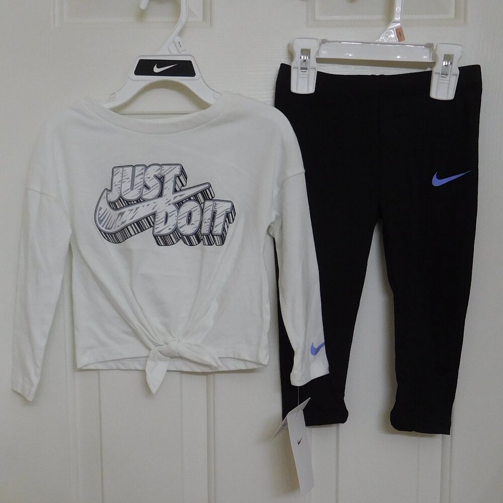 NWT 2pc Nike White Tie Waist Top Black Logo & Black Leggings Set sz 2t